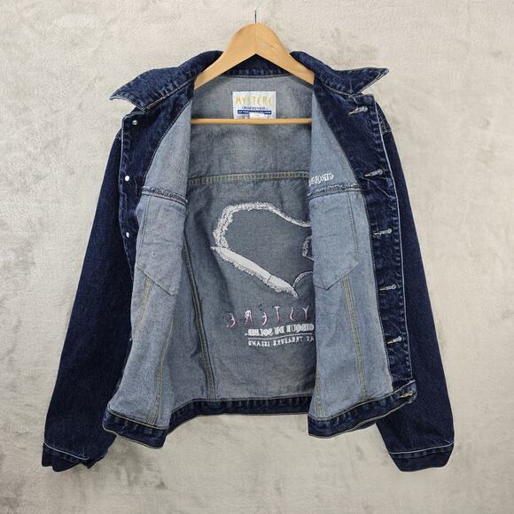 Vintage Mystere Cirque Du Soleil Embroidered Denim Jean Jacket Large 90s Trucker - Picture 9 of 12